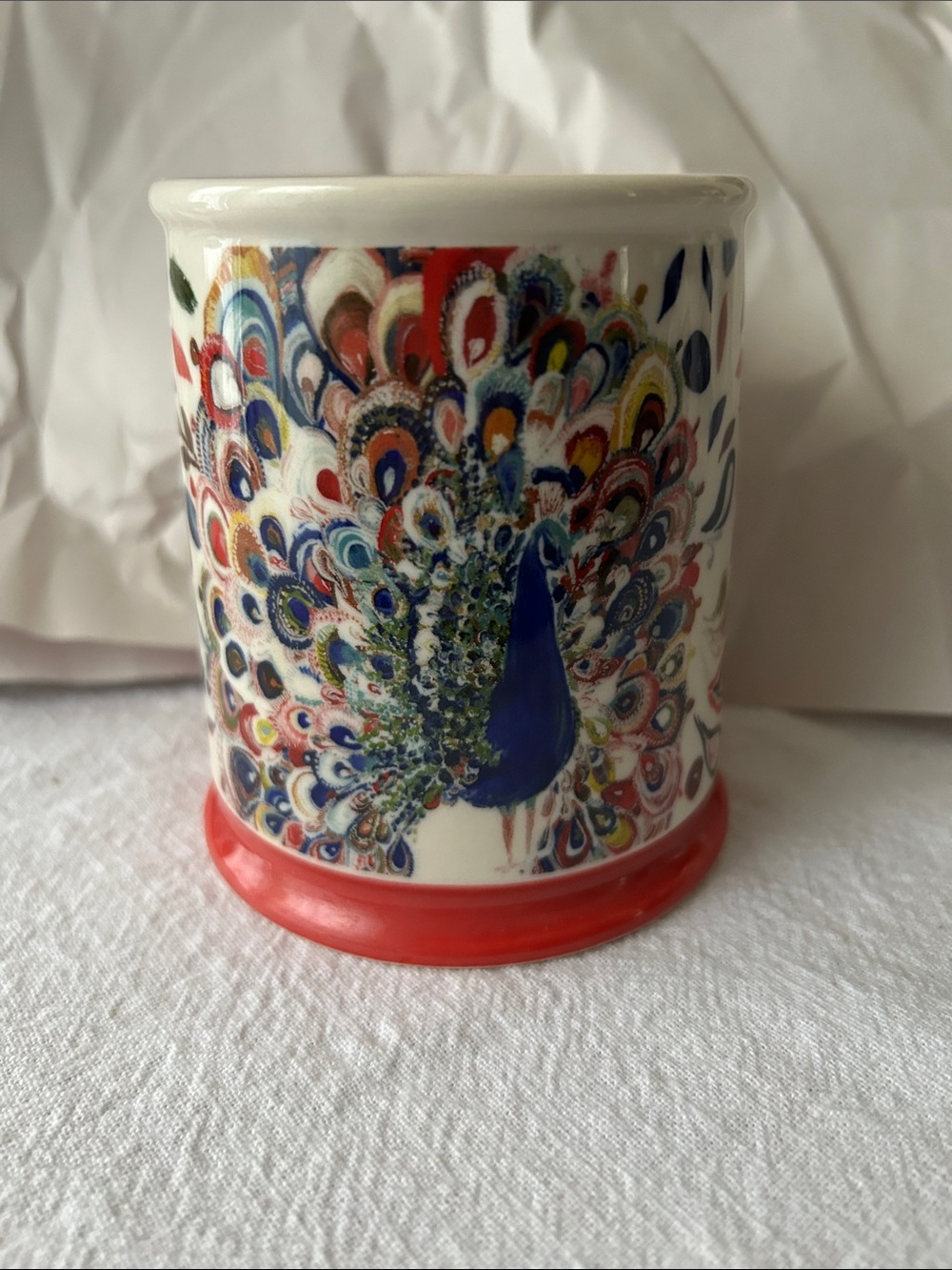 Anthropologie Peacock White Mug, Artist Starla Michelle Halfmann.